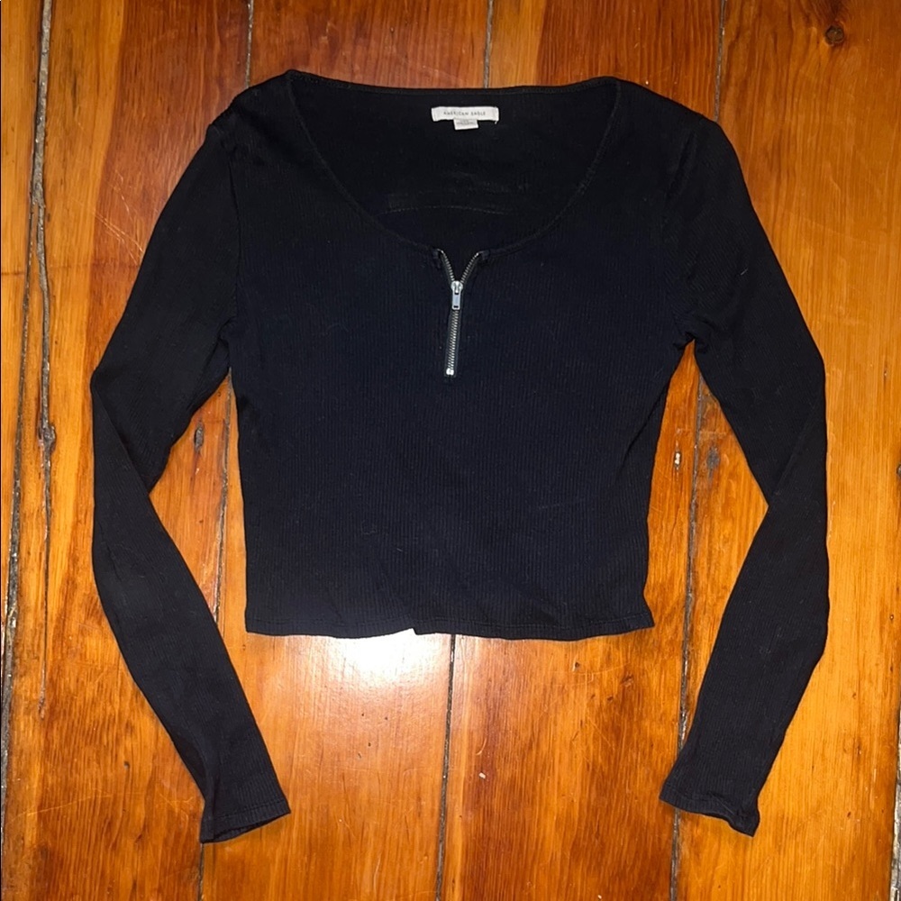 American Eagle Outfitters Black Zip-Up Crop Top